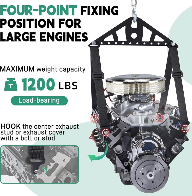 Ustinian Universal 2 Point or 4 Point Engine Lift Sling Kit Featuring Black Powder Coated Steel Construction with Adjustable Nylon Straps and a 1200 lb Capacity for Easy Installation - Image 2